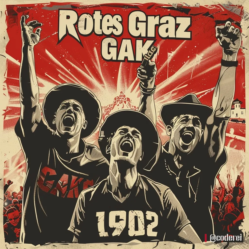 Plakat im Retro-Stil: drei jubelnde Männer mit Hüten, einer im Trikot mit „1902“, oben „Rotes Graz GAK“, hinter ihnen rote Strahlen.