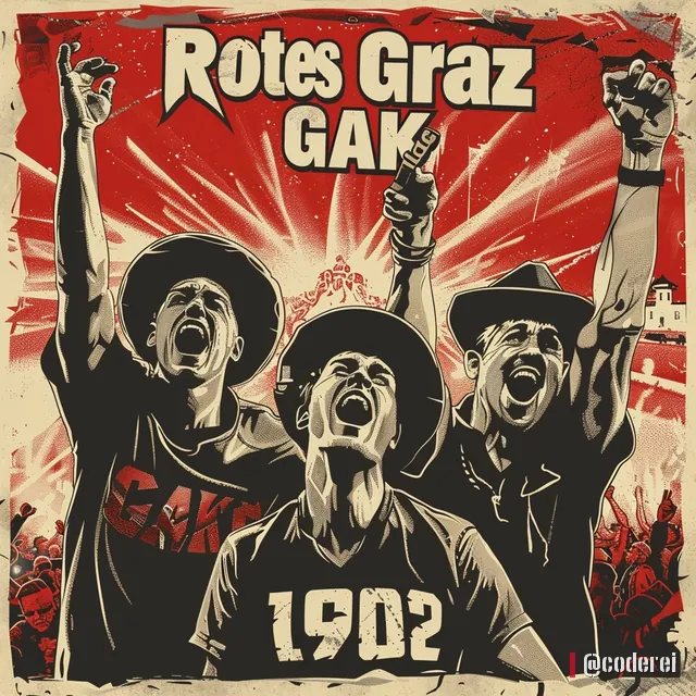 Plakat im Retro-Stil: drei jubelnde Männer mit Hüten, einer im Trikot mit „1902“, oben „Rotes Graz GAK“, hinter ihnen rote Strahlen.