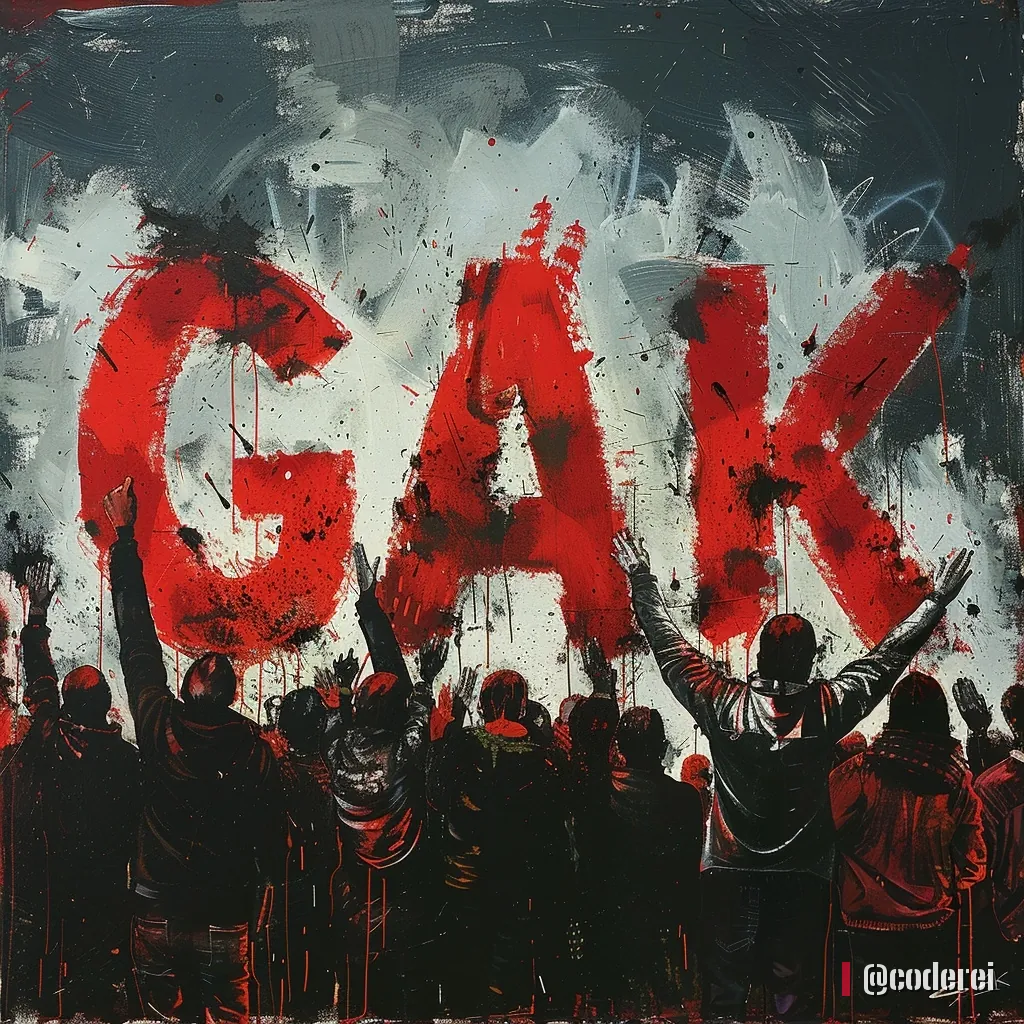 Dunkle Silhouetten jubelnder Fans vor dem großen roten Schriftzug „GAK“ auf grauem Grund.