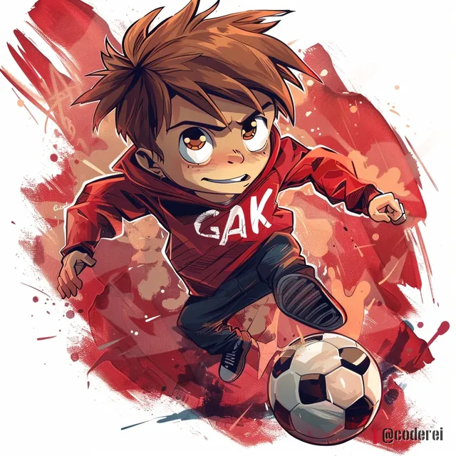 Comic-Bub im roten Hoodie mit „GAK“ dribbelt einen Fußball, auf rotem Farbgrund.