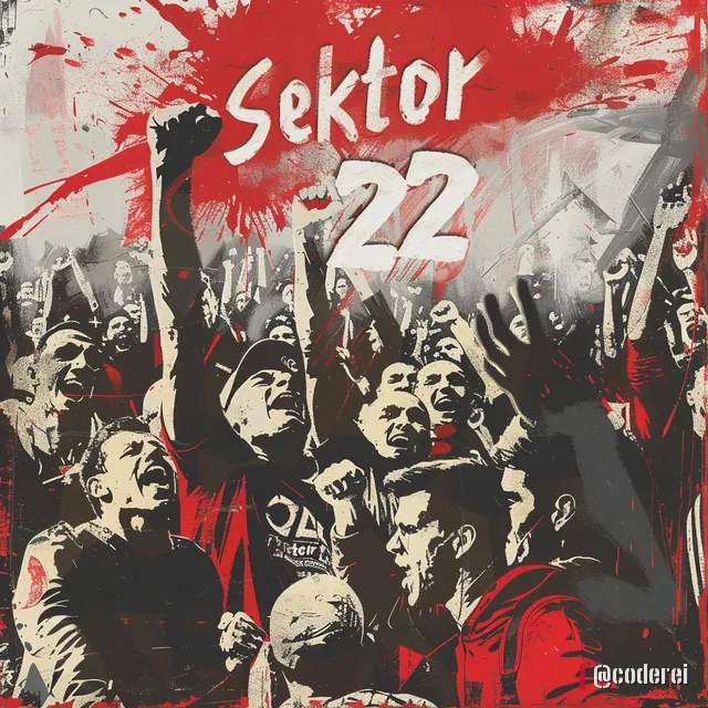 Plakat im Retro-Stil: jubelnde Menge in Schwarz-Weiß, oben „Sektor 22“, rote Farbspritzer und eine erhobene Faust.