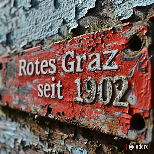 Rostrotes, verwittertes Metallschild mit der Prägung „Rotes Graz seit 1902“ vor blauem, abblätterndem Holz.