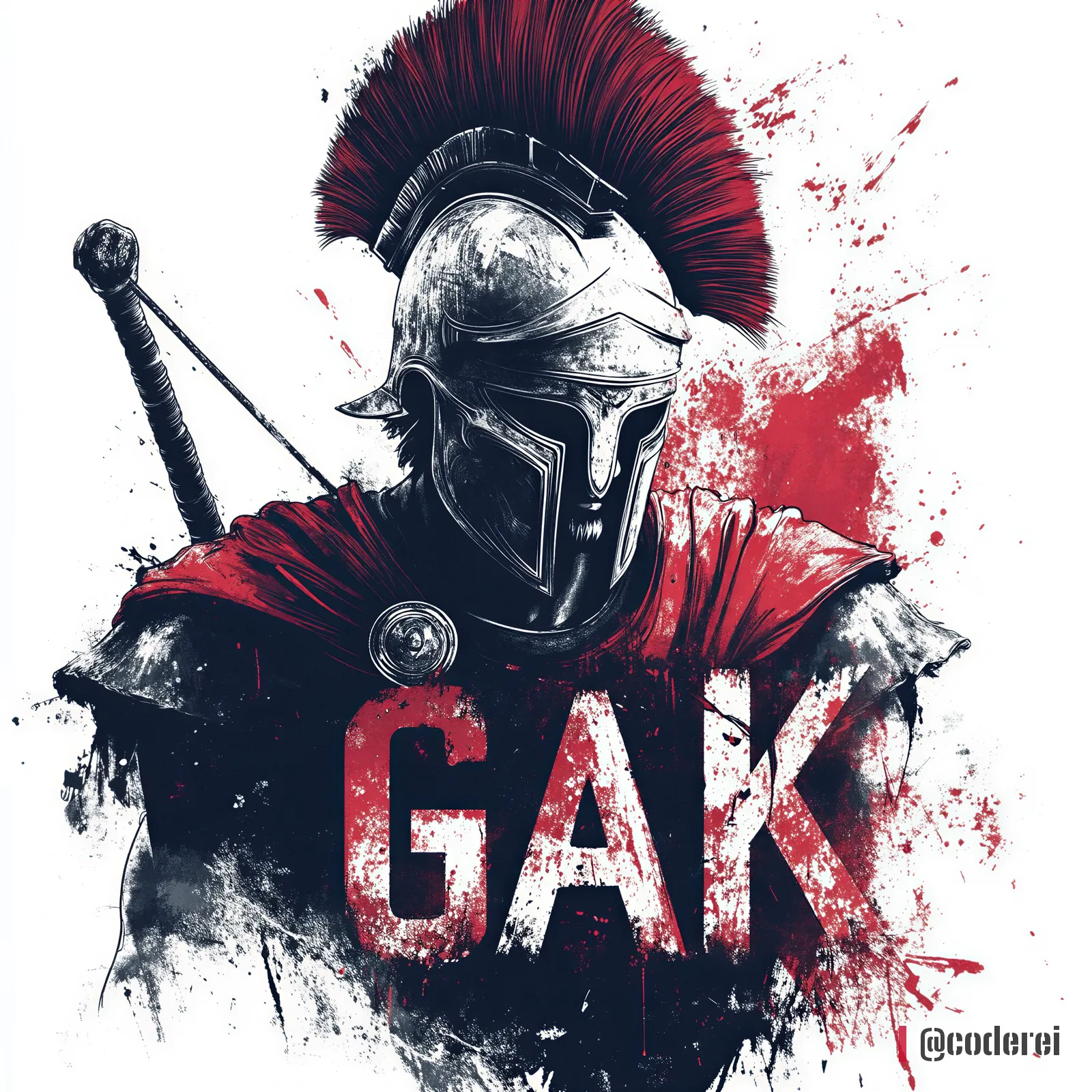 Gezeichneter Krieger mit silbernem Helm, rotem Federbusch und rotem Umhang, davor der große Schriftzug „GAK“, mit roten Spritzern.