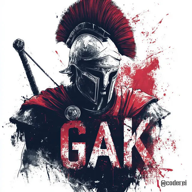 Gezeichneter Krieger mit silbernem Helm, rotem Federbusch und rotem Umhang, davor der große Schriftzug „GAK“, mit roten Spritzern.