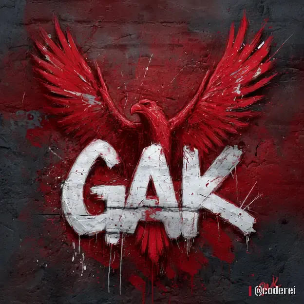 Roter Phönix mit ausgebreiteten Flügeln über dem grauen Schriftzug „GAK“ auf dunkler, rot bespritzter Ziegelwand.