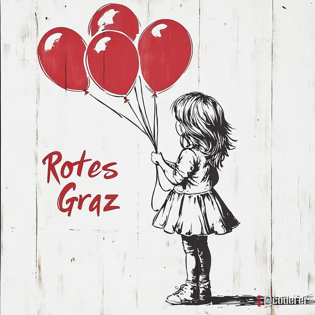 Mädchen im Kleid hält vier rote Luftballons vor einer weißen Holzwand, daneben „Rotes Graz“ in roter Schrift.