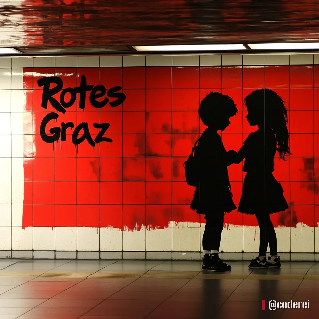 Zwei Kinder als Silhouetten vor einer roten Kachelwand in der U-Bahn, links der Schriftzug „Rotes Graz“.