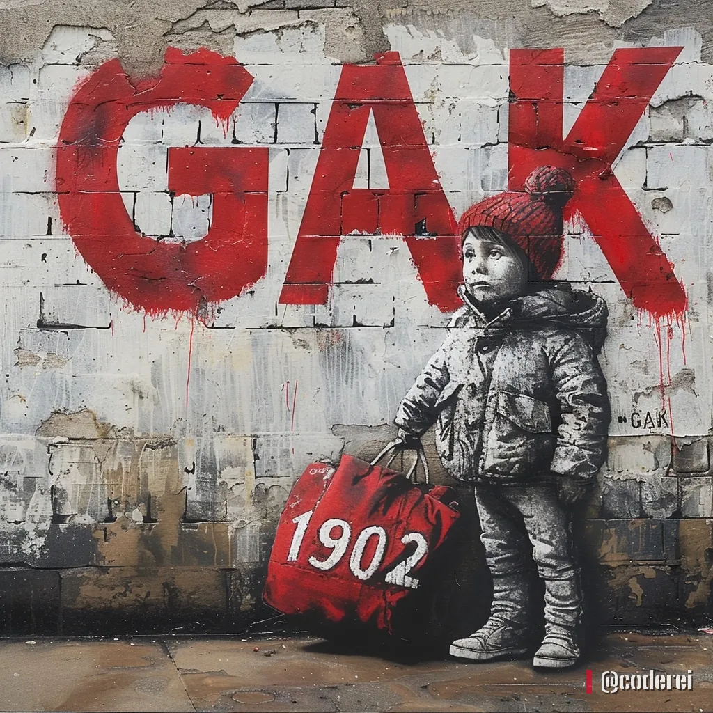 Gemaltes Kind mit roter Haube und Jacke steht mit einer roten Tasche mit „1902“ vor dem Schriftzug „GAK“ an einer Mauer.