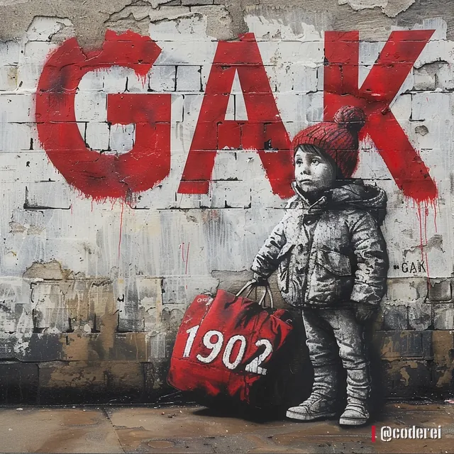 Gemaltes Kind mit roter Haube und Jacke steht mit einer roten Tasche mit „1902“ vor dem Schriftzug „GAK“ an einer Mauer.