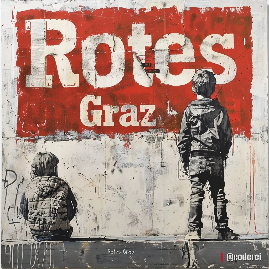 Zwei Kinder, davon eines sitzend, vor einer großen roten Fläche mit „Rotes Graz“ an einer Wand.