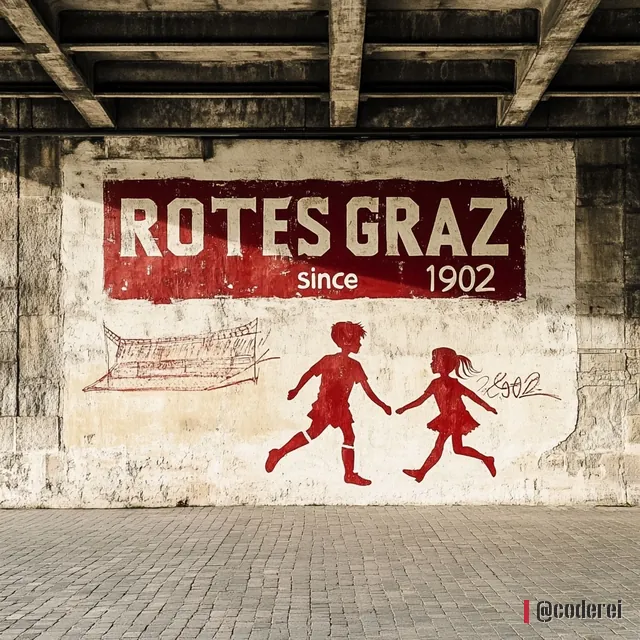 Roter Schriftzug „Rotes Graz since 1902“ auf einer Wand unter einer Brücke, darunter zwei Mädchen als rote Figuren und eine Stadiongrafik.